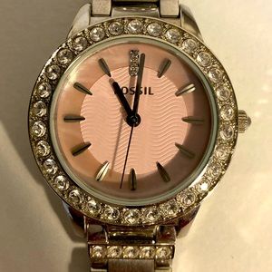 Fossil Girls Pink Pearl Crystal Bling Watch GUC